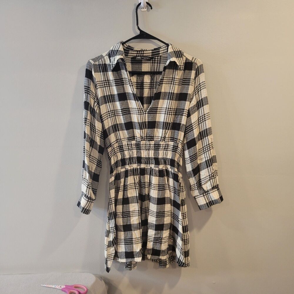 Zara Plaid Collared Smocked Waist Long Sleeve Mini Dress Black Cream Size Medium